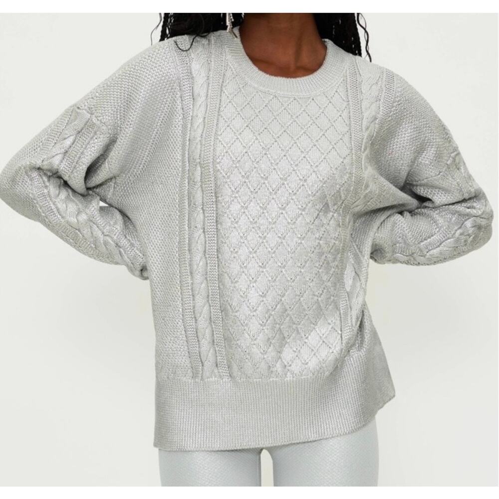 Beach Riot Callie Sweater in Silver Shine Cable Knit Long Sleeves Women's Large